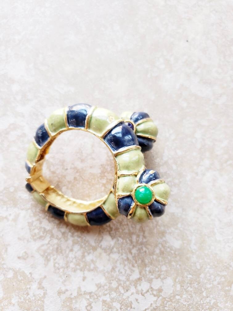 1960s Kenneth Jay Lane Hinged Bracelet Worm Slug Creature / 60s Designer Cuff Blue Green Enamel Fantasy Whimsical Insect Animal / Glaris