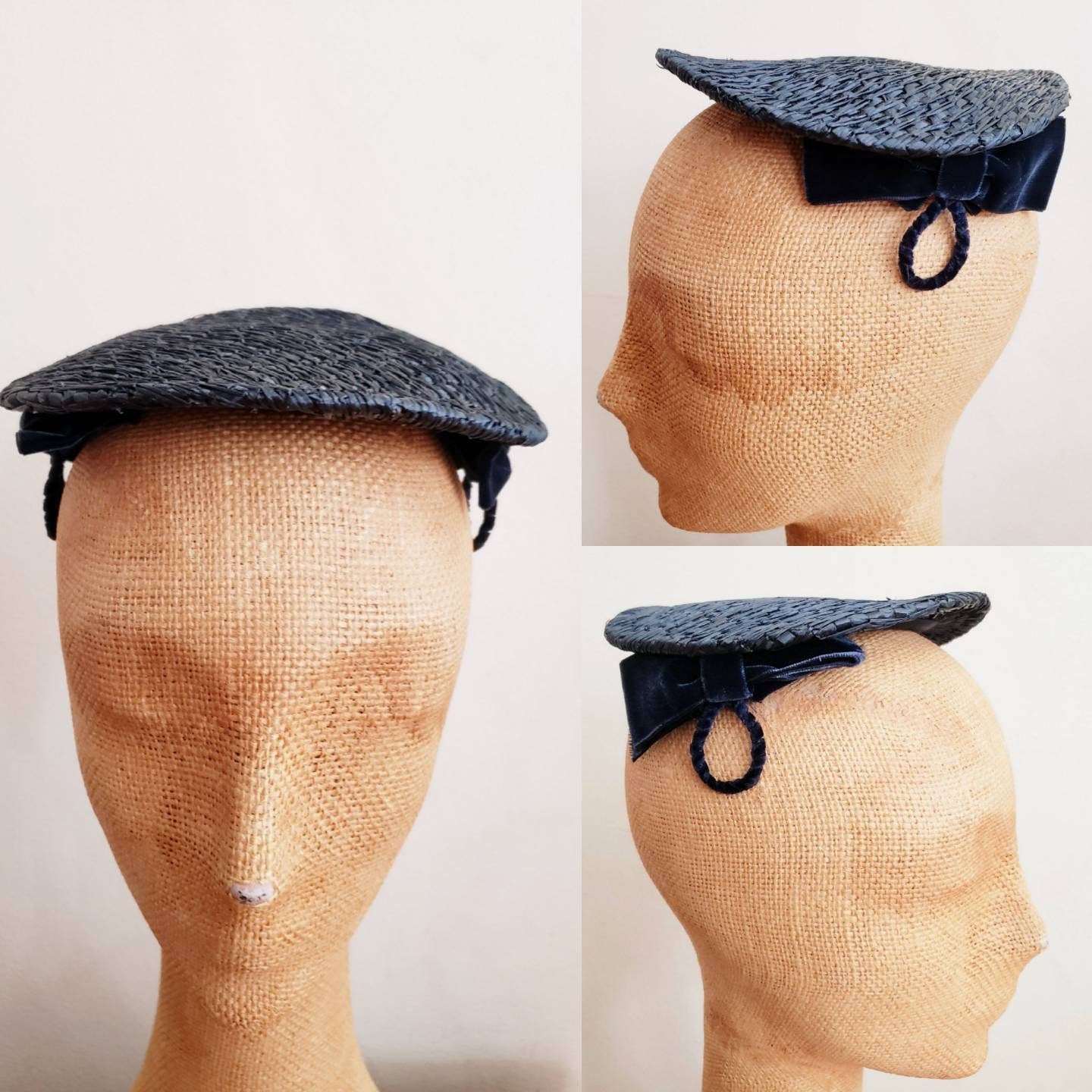 1950s Navy Blue Straw Mini Hat / 50s Mini Platter or Saucer Hat with Velvet Bows Mar-Field marshall Field & Co