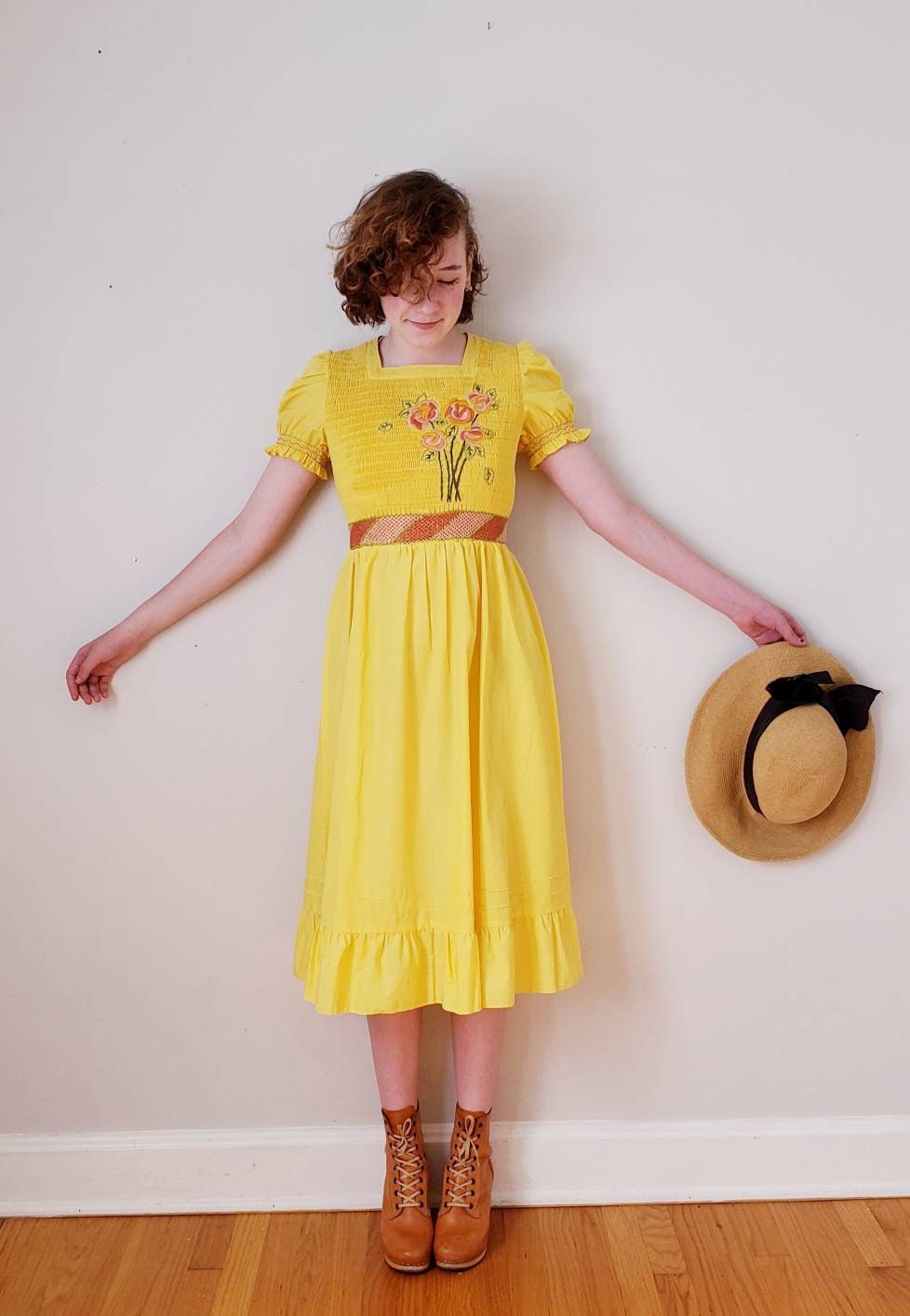 1960s Yellow Peasant Dress Girl's Teen Chinese Rose Brand / 60s Short Puffed Sleeves Dress Embroidery Smocking Cottagecore / Jessika 1960s Yellow Peasant Dress Girl's Teen Chinese Rose Brand / 60s Short Puffed Sleeves Dress Embroidery Smocking Cottagecore / Jessika