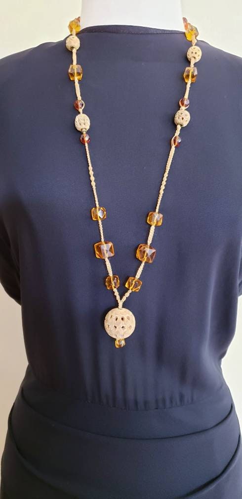 1970s Carved Bone Amber Glass Bead Necklace