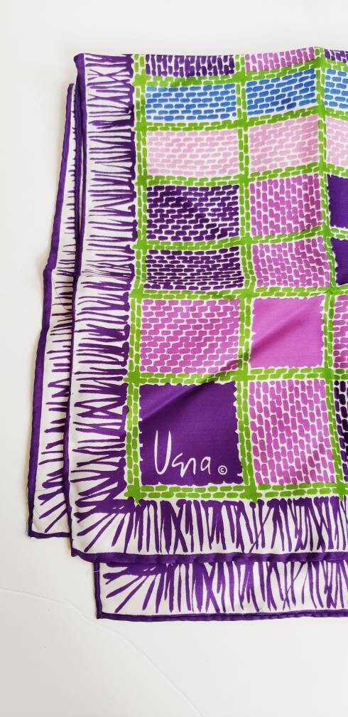 1970s Vera Square Purple Blue Pink Green Checkerboard Square Print / 70s Graphic Print Square Head Kerchief Designer / Ethyl