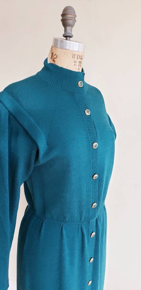 1980s Blue St John Knit Dress Long Sleeves / 80s Designer Button Down Aquamarine Knit Dress Gold Buttons Elastic Waist / M / Veronique