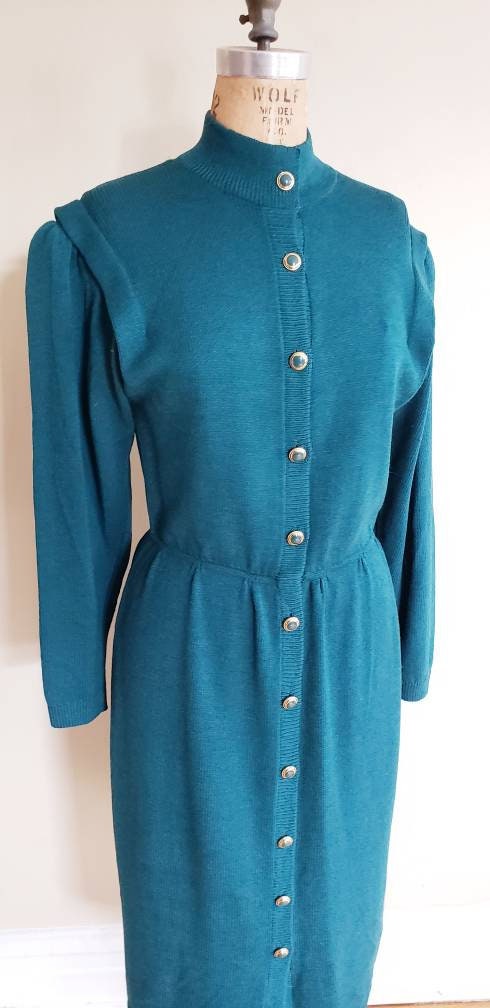 1980s Blue St John Knit Dress Long Sleeves / 80s Designer Button Down Aquamarine Knit Dress Gold Buttons Elastic Waist / M / Veronique