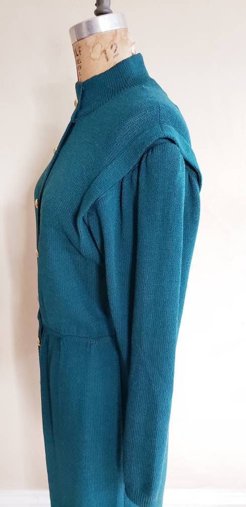 1980s Blue St John Knit Dress Long Sleeves / 80s Designer Button Down Aquamarine Knit Dress Gold Buttons Elastic Waist / M / Veronique