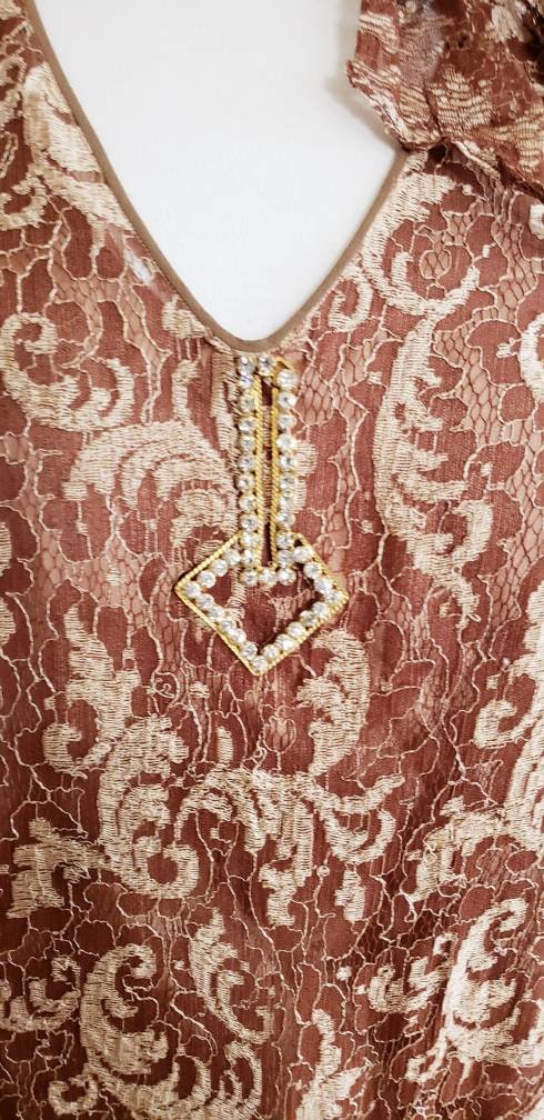 1920s Brown Lace Dress Long Sleeves / 20s Brown Beige Drop Waist Dress Gold Rhinestone Buckle Belt / Med / Rosamund / AS IS