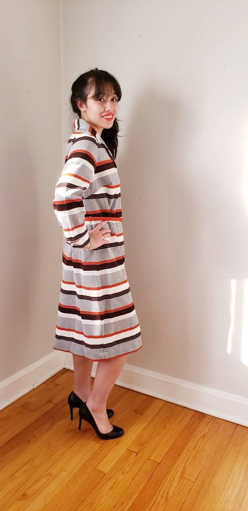 1970s Striped Day Dress Long Sleeved / 70s Belted Dress Gray Red Black Poly Bold Print / L / Daniela