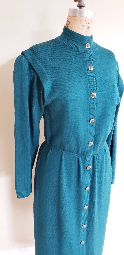 1980s Blue St John Knit Dress Long Sleeves / 80s Designer Button Down Aquamarine Knit Dress Gold Buttons Elastic Waist / M / Veronique