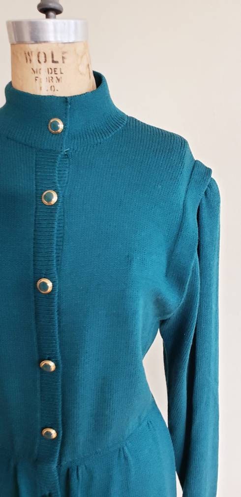 1980s Blue St John Knit Dress Long Sleeves / 80s Designer Button Down Aquamarine Knit Dress Gold Buttons Elastic Waist / M / Veronique