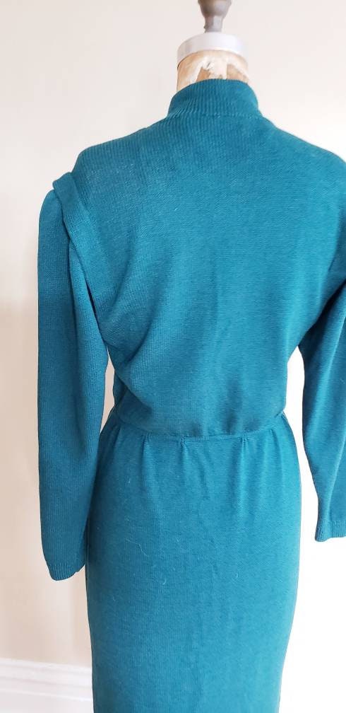 1980s Blue St John Knit Dress Long Sleeves / 80s Designer Button Down Aquamarine Knit Dress Gold Buttons Elastic Waist / M / Veronique