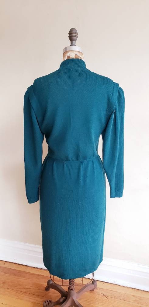 1980s Blue St John Knit Dress Long Sleeves / 80s Designer Button Down Aquamarine Knit Dress Gold Buttons Elastic Waist / M / Veronique