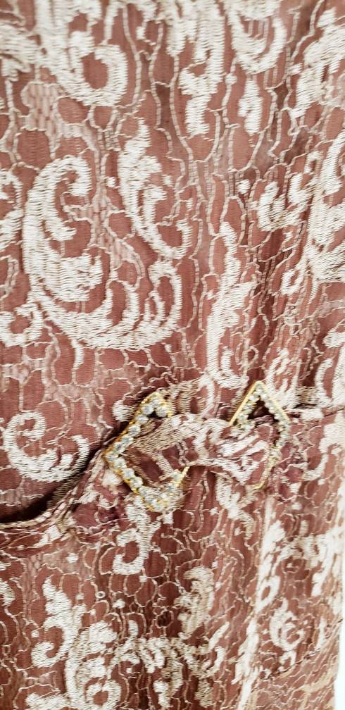 1920s Brown Lace Dress Long Sleeves / 20s Brown Beige Drop Waist Dress Gold Rhinestone Buckle Belt / Med / Rosamund / AS IS
