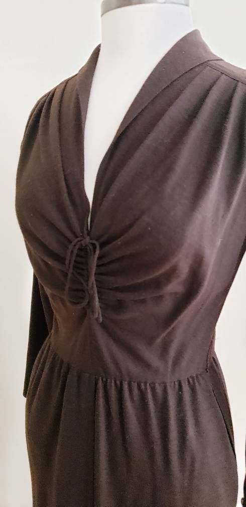 1970s Brown Wool Long Sleeved Dress Laced Bodice Achille Datillo / 70s Long Sleeved Day Dress Elastic Waist Rare Collectible label / S