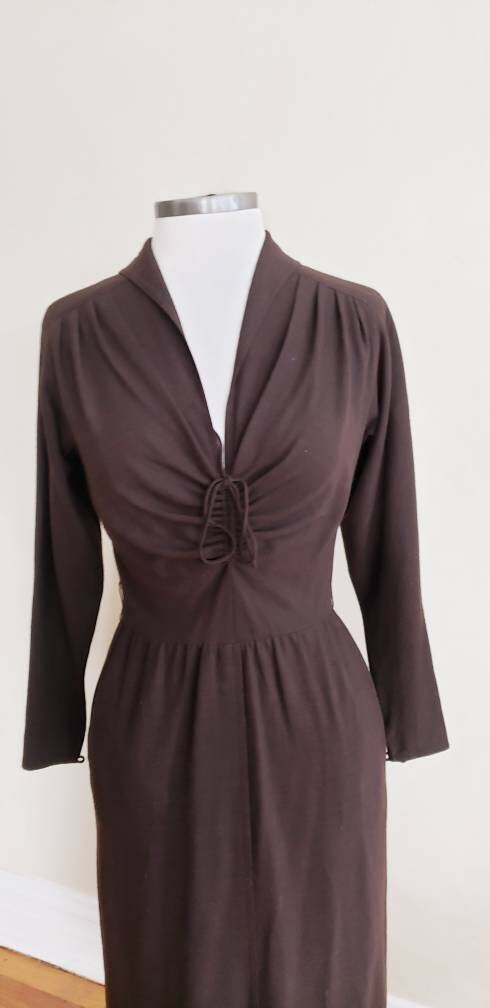 1970s Brown Wool Long Sleeved Dress Laced Bodice Achille Datillo / 70s Long Sleeved Day Dress Elastic Waist Rare Collectible label / S