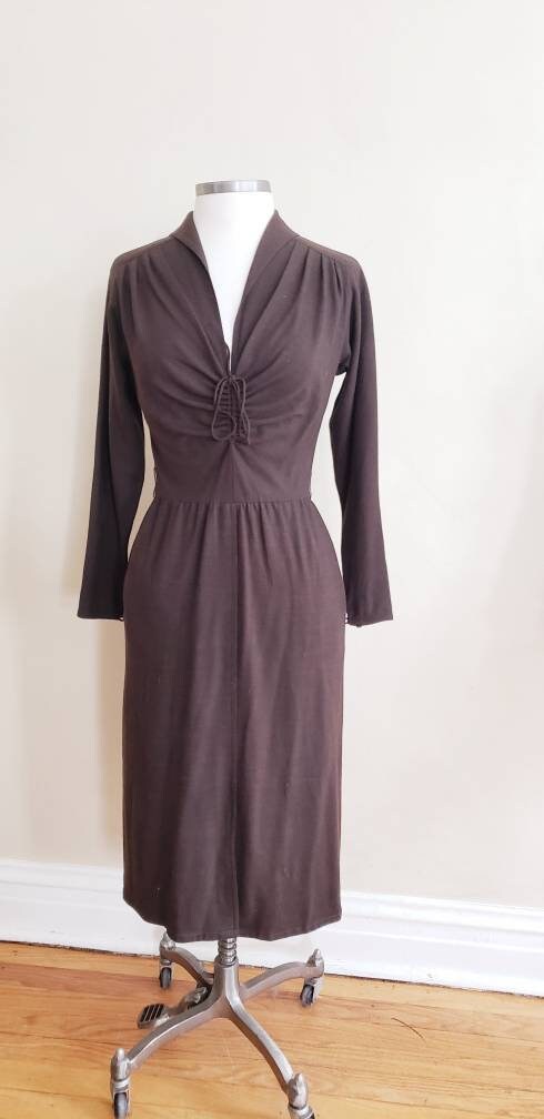 1970s Brown Wool Long Sleeved Dress Laced Bodice Achille Datillo / 70s Long Sleeved Day Dress Elastic Waist Rare Collectible label / S