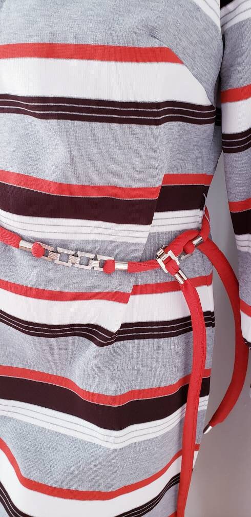 1970s Striped Day Dress Long Sleeved / 70s Belted Dress Gray Red Black Poly Bold Print / L / Daniela