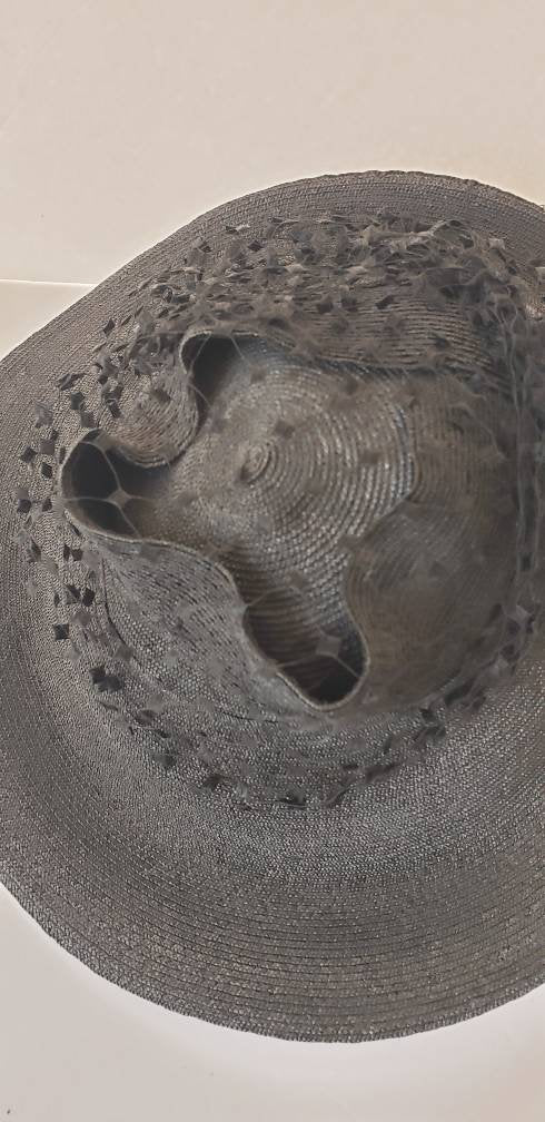 1930s Black Straw Cocktail Hat with Netting / 30s Millinery Woven Weave Lattice Design at Rear / Maelle