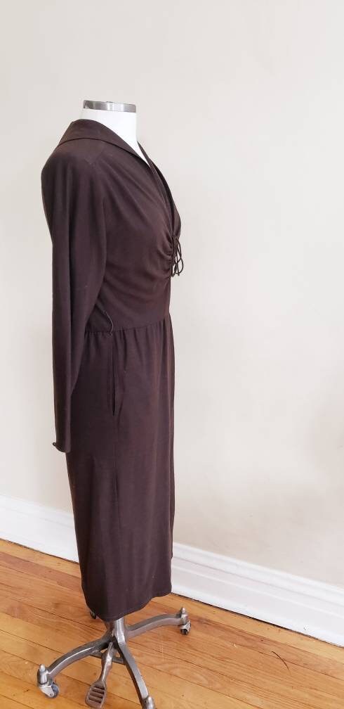 1970s Brown Wool Long Sleeved Dress Laced Bodice Achille Datillo / 70s Long Sleeved Day Dress Elastic Waist Rare Collectible label / S
