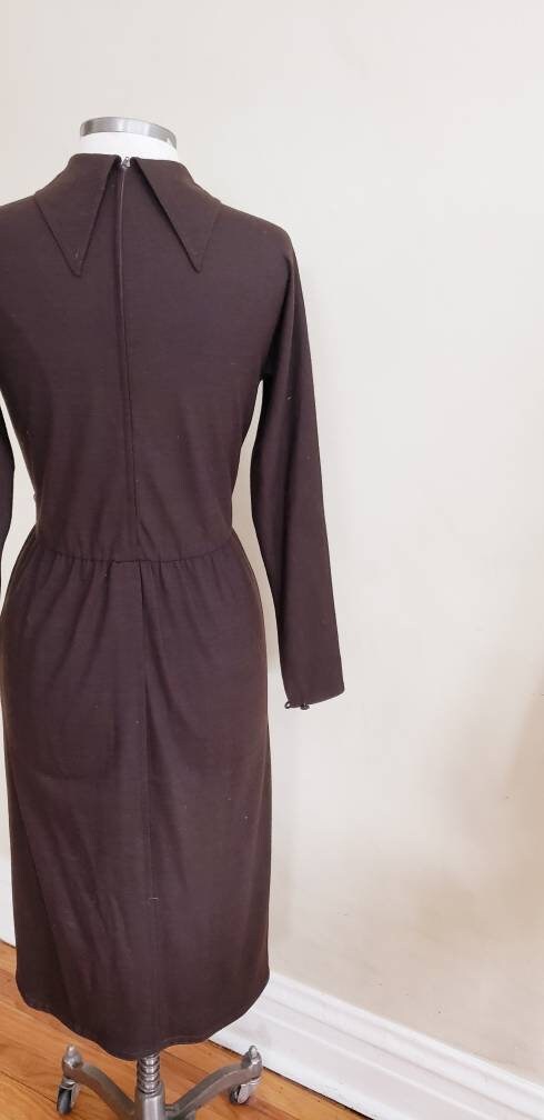 1970s Brown Wool Long Sleeved Dress Laced Bodice Achille Datillo / 70s Long Sleeved Day Dress Elastic Waist Rare Collectible label / S