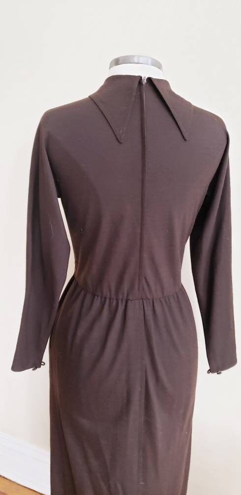 1970s Brown Wool Long Sleeved Dress Laced Bodice Achille Datillo / 70s Long Sleeved Day Dress Elastic Waist Rare Collectible label / S