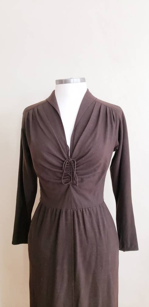 1970s Brown Wool Long Sleeved Dress Laced Bodice Achille Datillo / 70s Long Sleeved Day Dress Elastic Waist Rare Collectible label / S