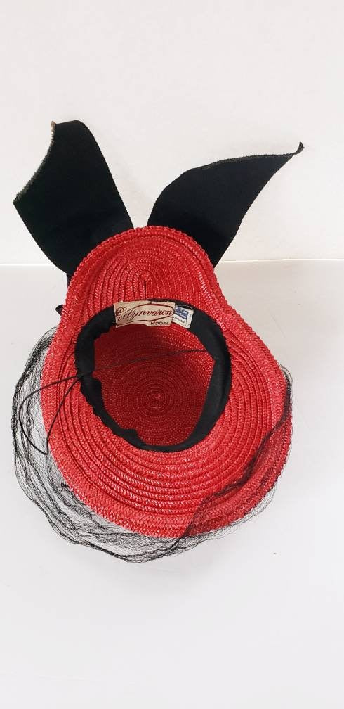 1930s Red Straw Toy Hat Large Black Bow / 30s Toy Hat Summer Cocktail Evelyn Varon New York Creation