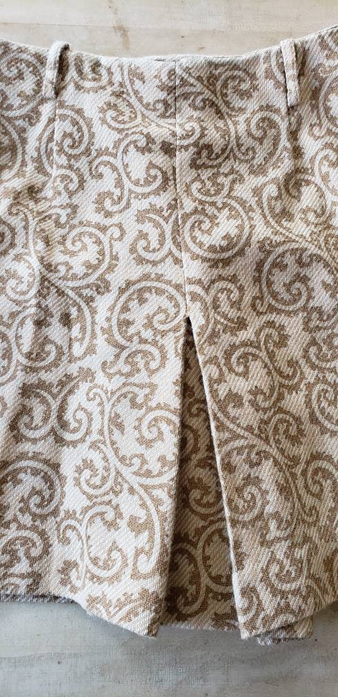 1960s Skort Brown Cream Paisley Pattern / 60s Shorts Skirt Combo High Waisted Four Corners / S