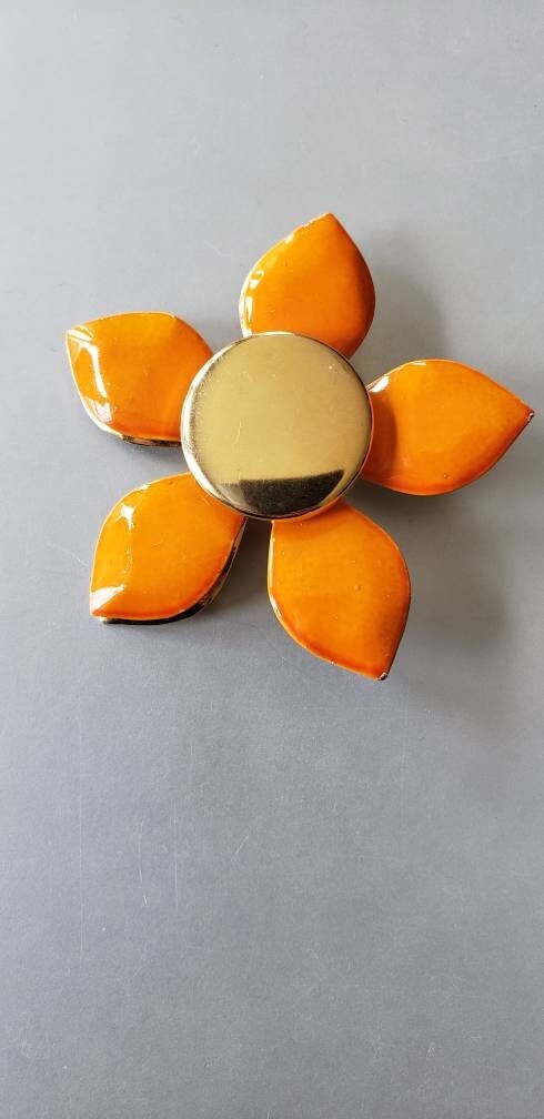 1960s Large Enamel Flower Pin Orange & Gold / 60s Mod Jewelry Chunky Floral Brooch Garden Party Spring Summer