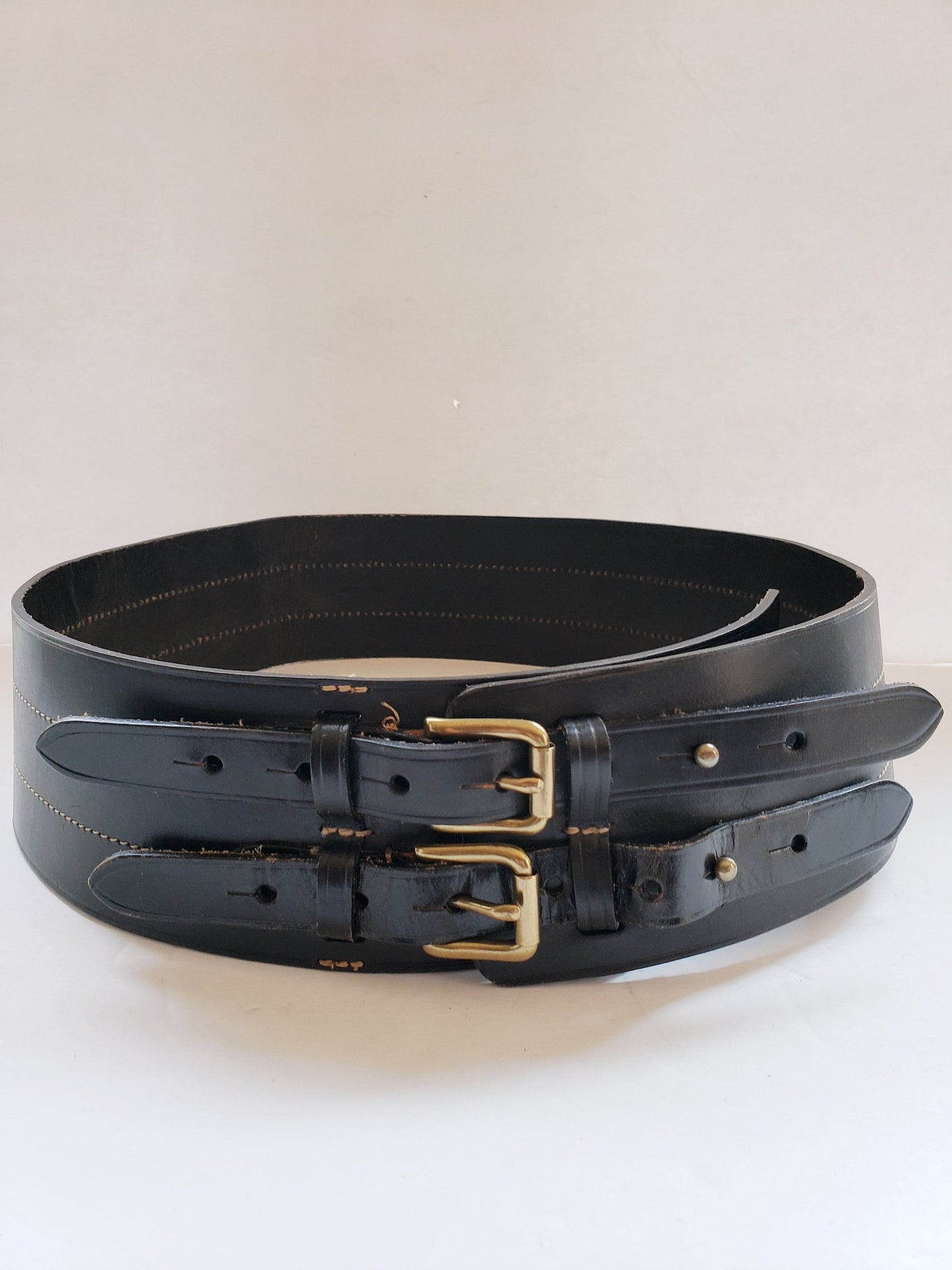 Vintage Ralph Lauren Black Leather Wide Belt Adjustable Military Style Double Straps DEADSTOCK original 295 Price Tag XL PLUS Size