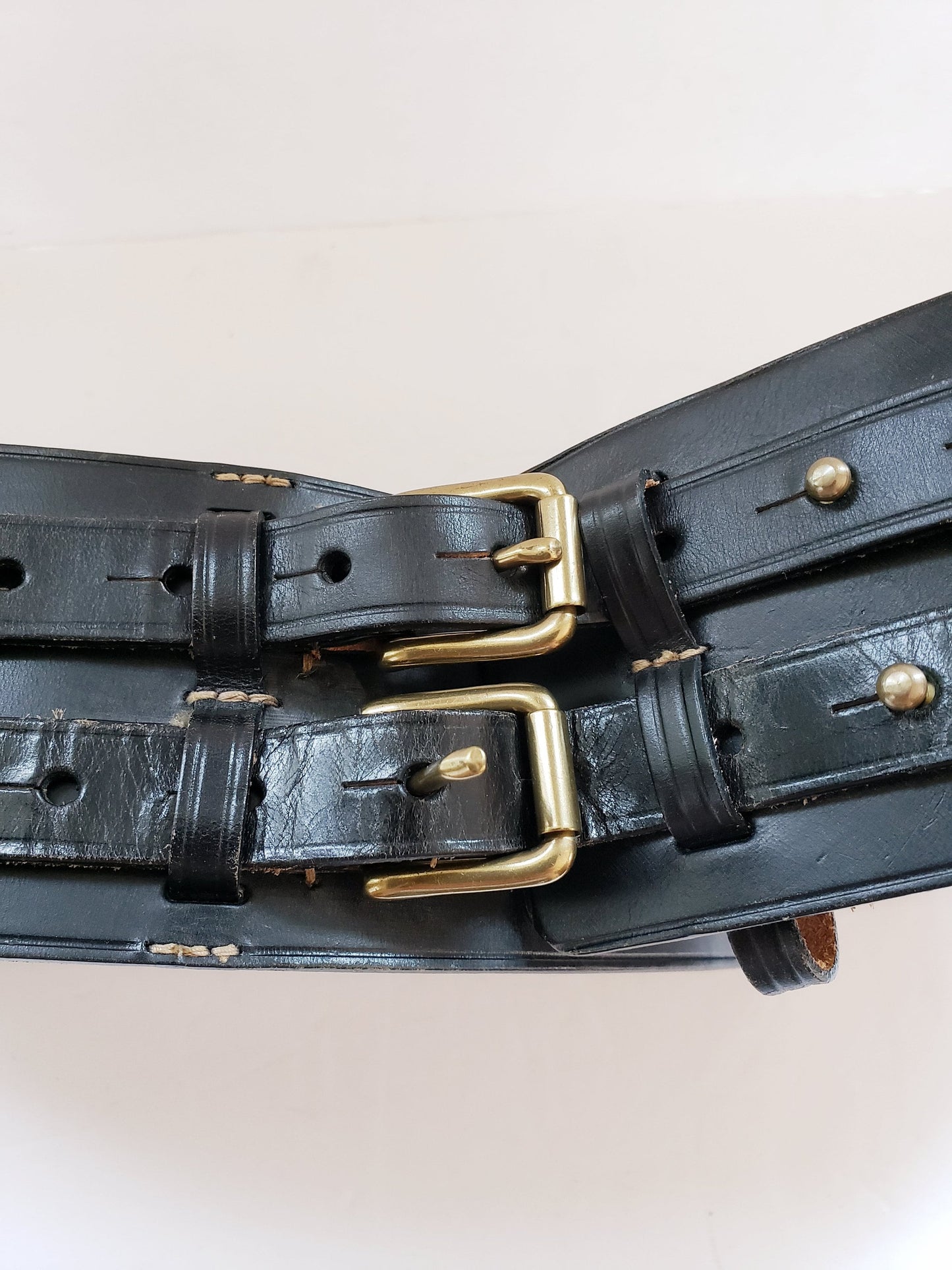 Vintage Ralph Lauren Black Leather Wide Belt Adjustable Military Style Double Straps DEADSTOCK original 295 Price Tag XL PLUS Size