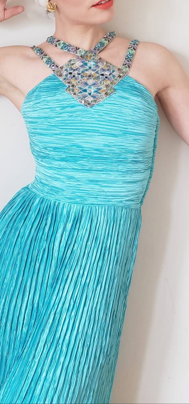 1980s Mary McFadden Evening Dress Pleated Turquoise Beaded Halter Neckline Small