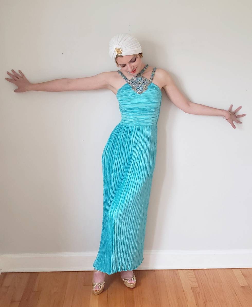 1980s Mary McFadden Evening Dress Pleated Turquoise Beaded Halter Neckline Small