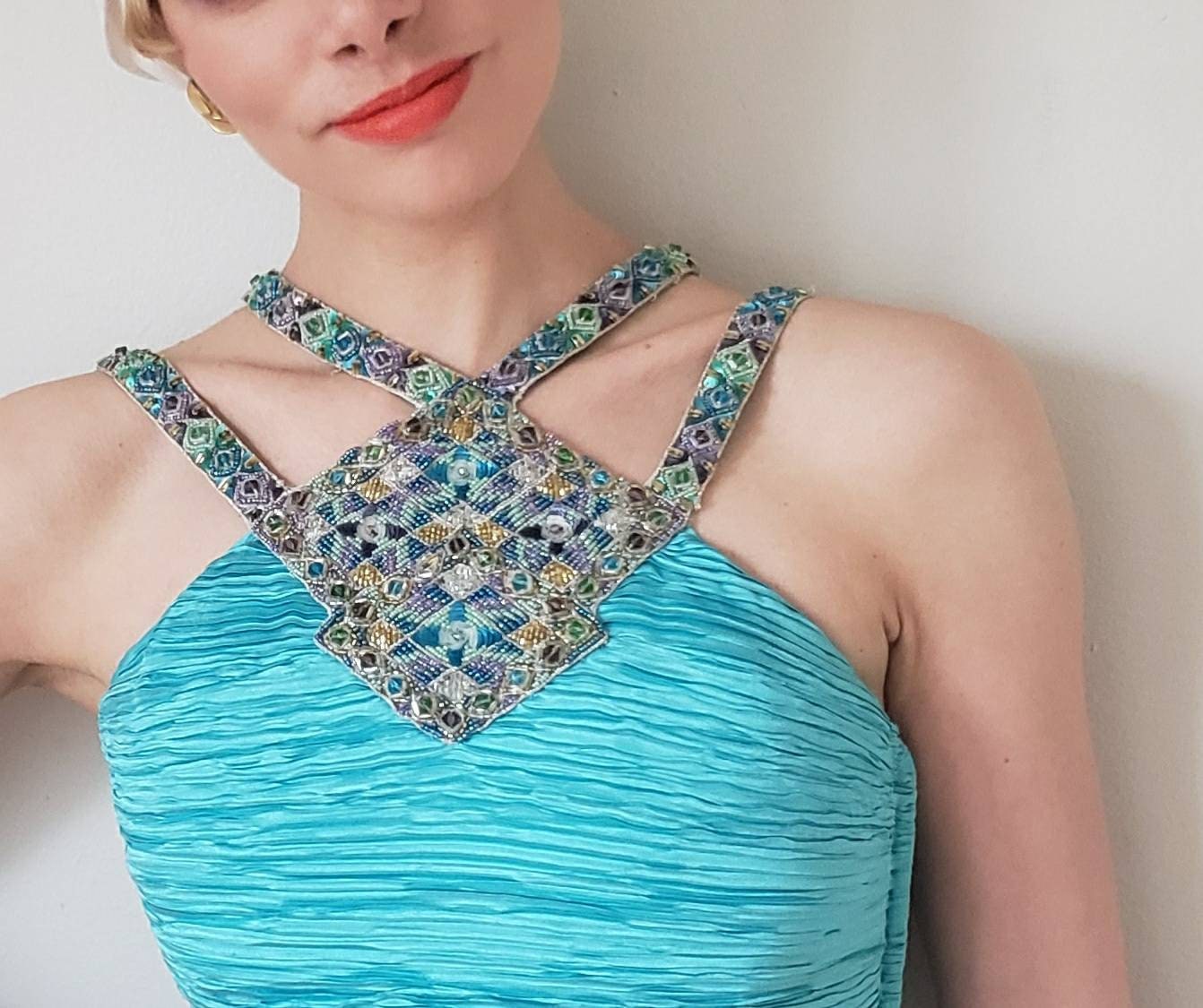 1980s Mary McFadden Evening Dress Pleated Turquoise Beaded Halter Neckline Small