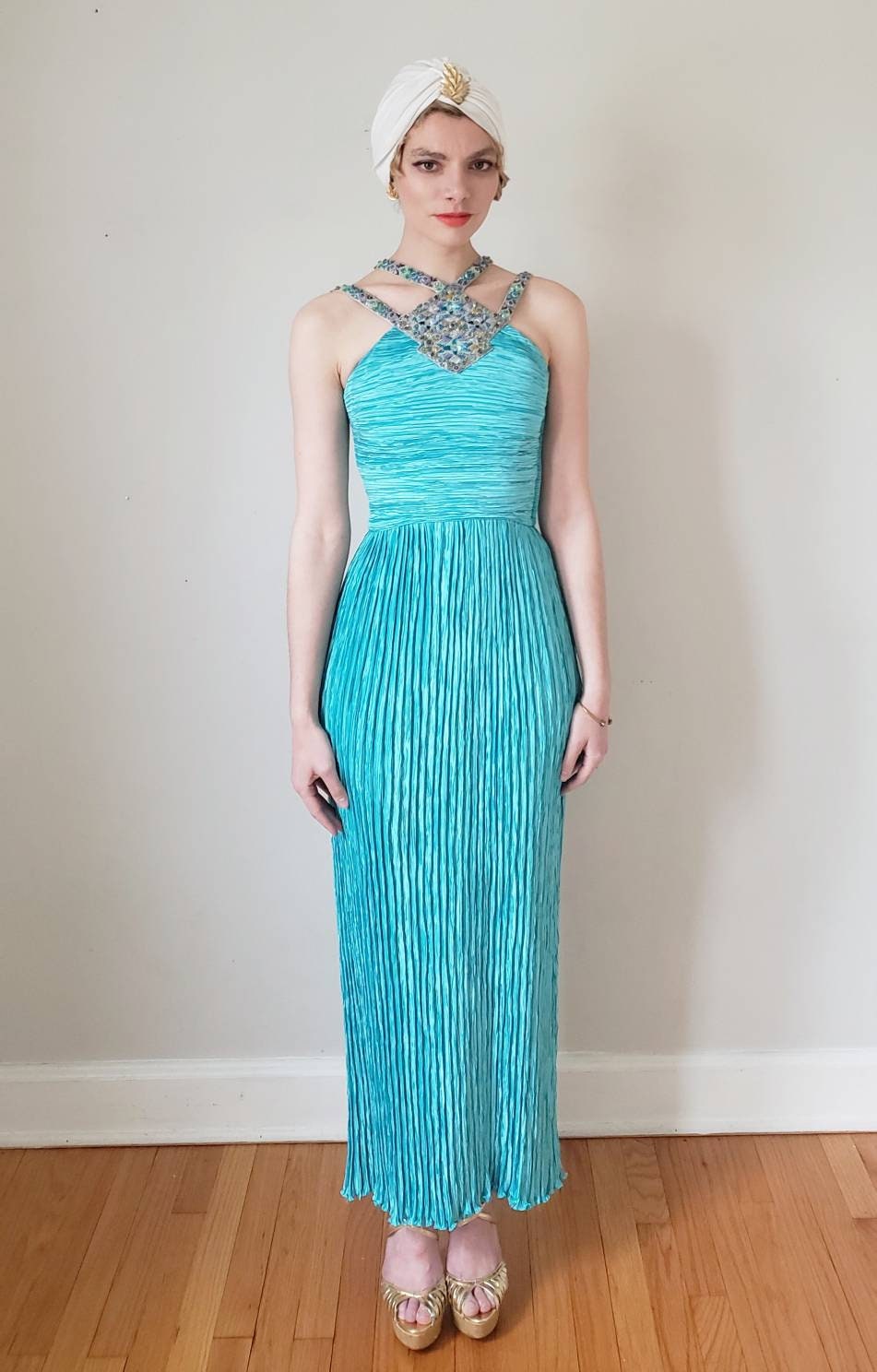 1980s Mary McFadden Evening Dress Pleated Turquoise Beaded Halter Neckline Small