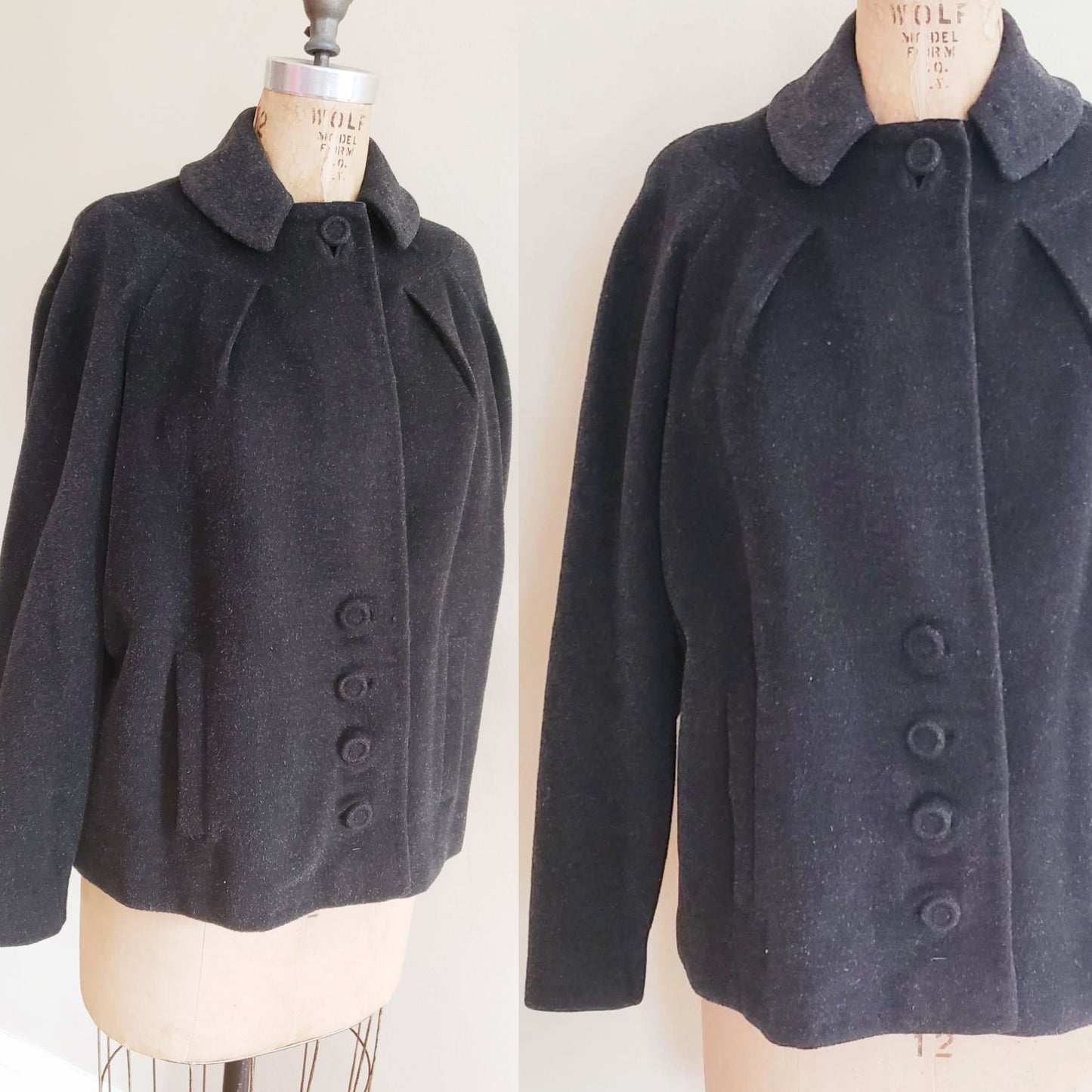1940s Charcoal Gray Wool Swing Jacket / 40s Button Down Jacket Forstmann Youthmore Original