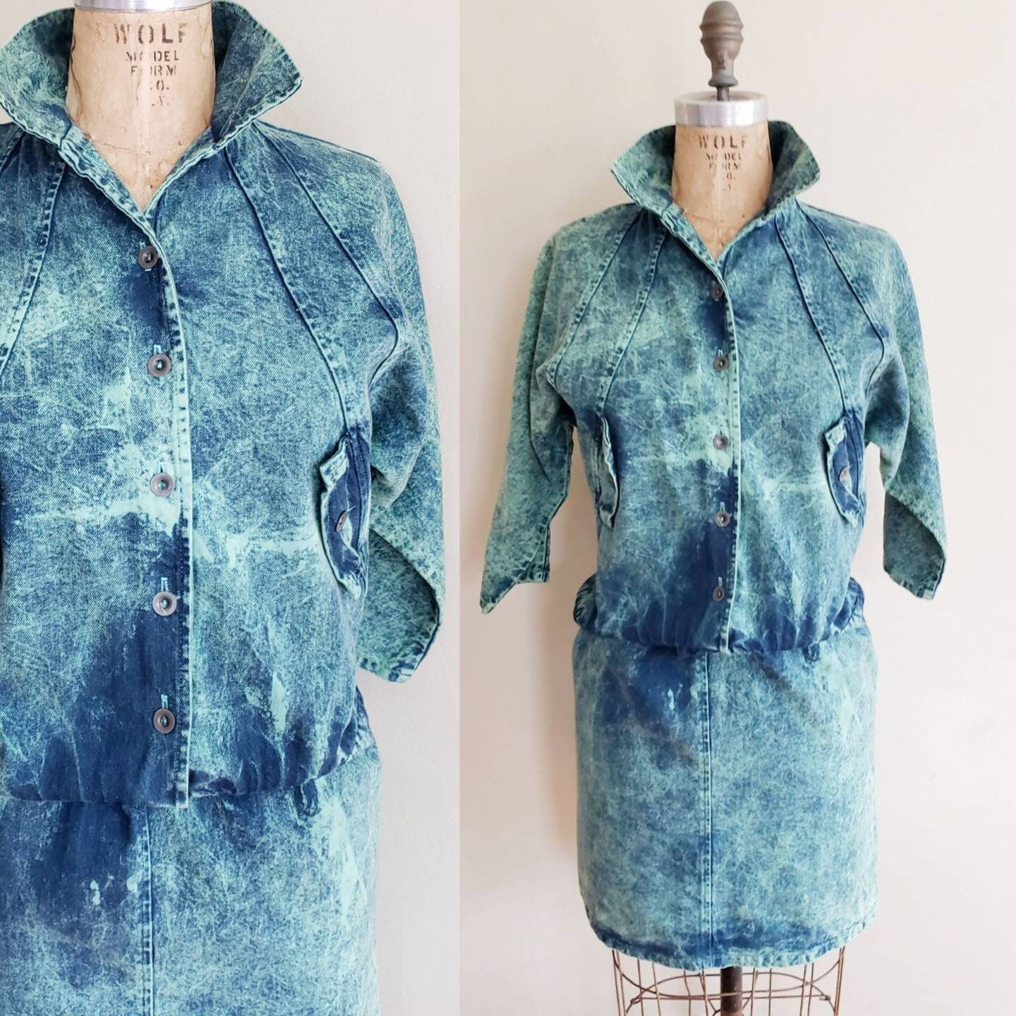 1980s Acid Wash Denim Dress Button Down Front / 80s Blue Jeans Dress Dolman Sleeves Drop Waist / Cut it Out Small