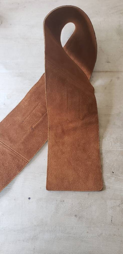 Vintage Wide Brown Leather Belt Orange Suede Silver Metal Buckle Handmade Med to Large / Amena