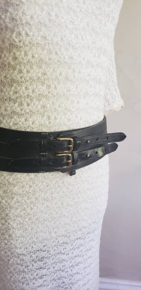 Vintage Ralph Lauren Black Leather Wide Belt Adjustable Military Style Double Straps DEADSTOCK original 295 Price Tag XL PLUS Size