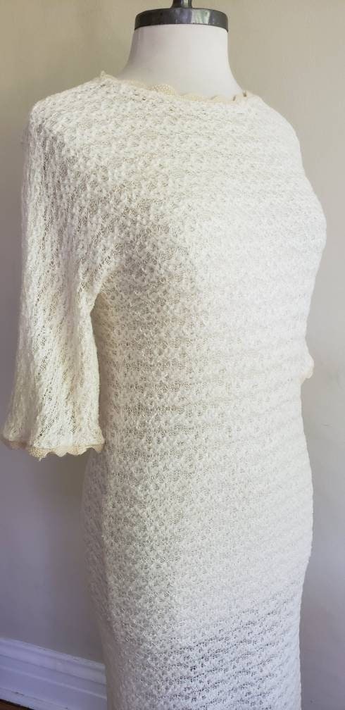 70s 60s Cream Knit Dress Short Sleeves Vera Maxwell Original / 1970s 1960s Shabby Chic Ivory Crochet Dress / M to L