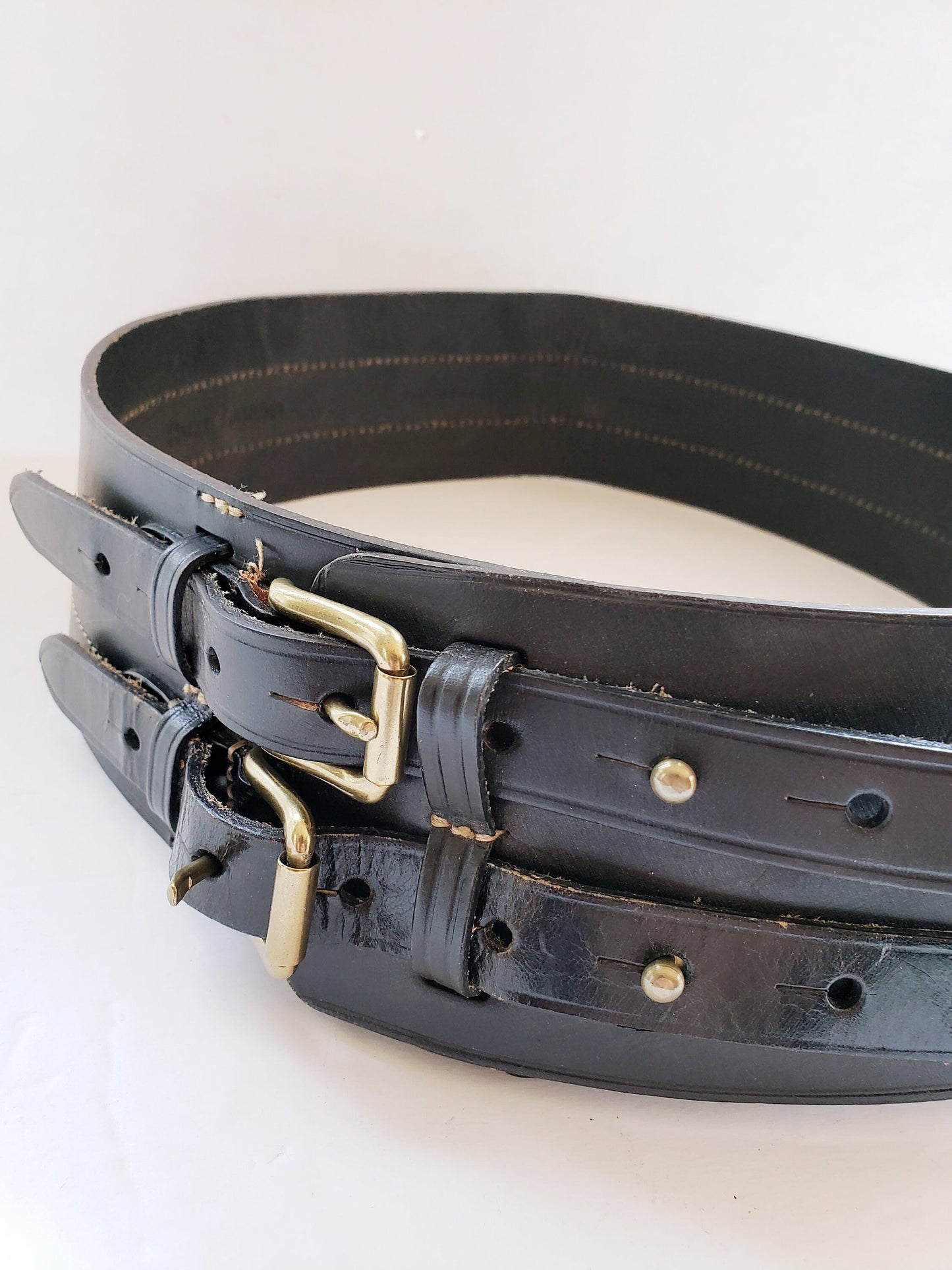Vintage Ralph Lauren Black Leather Wide Belt Adjustable Military Style Double Straps DEADSTOCK original 295 Price Tag XL PLUS Size
