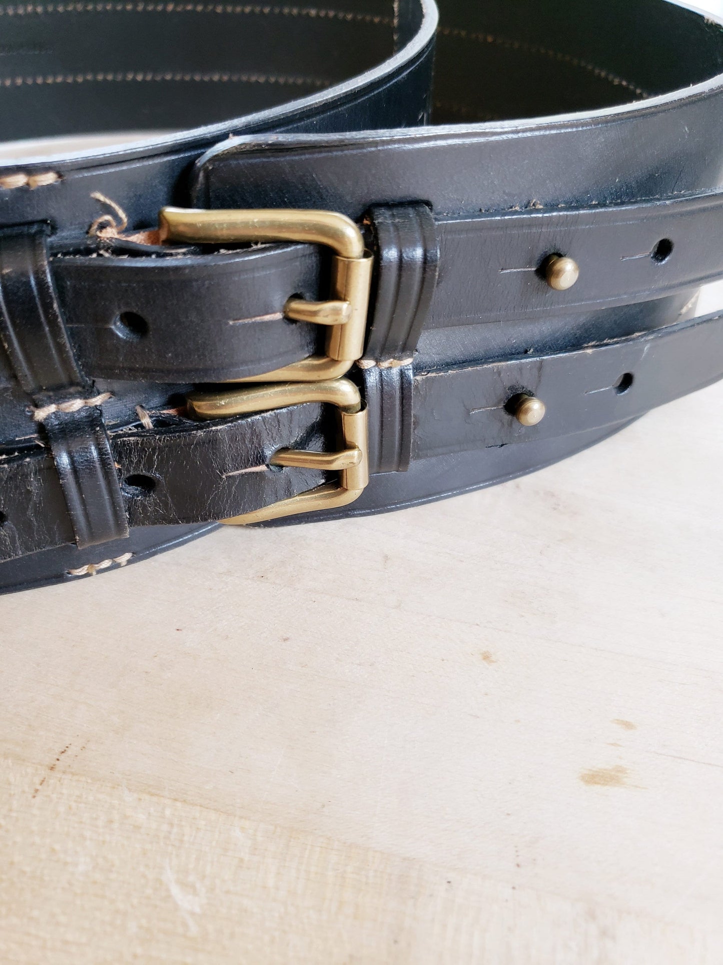 Vintage Ralph Lauren Black Leather Wide Belt Adjustable Military Style Double Straps DEADSTOCK original 295 Price Tag XL PLUS Size