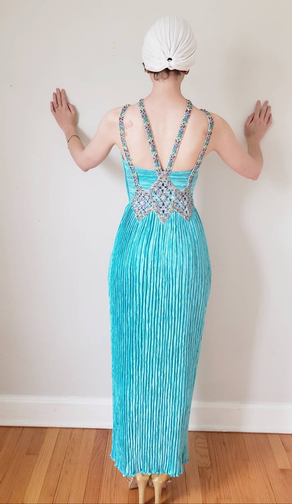 1980s Mary McFadden Evening Dress Pleated Turquoise Beaded Halter Neckline Small