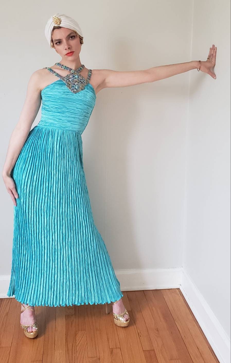 1980s Mary McFadden Evening Dress Pleated Turquoise Beaded Halter Neckline Small
