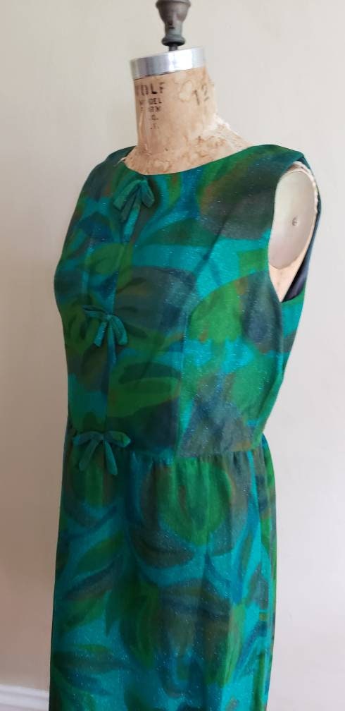 1960s Alice Edwards Green Blue Floral Print Shift Cocktail Dress / 60s Sleeveless Summer Dress Marshall Fields Large