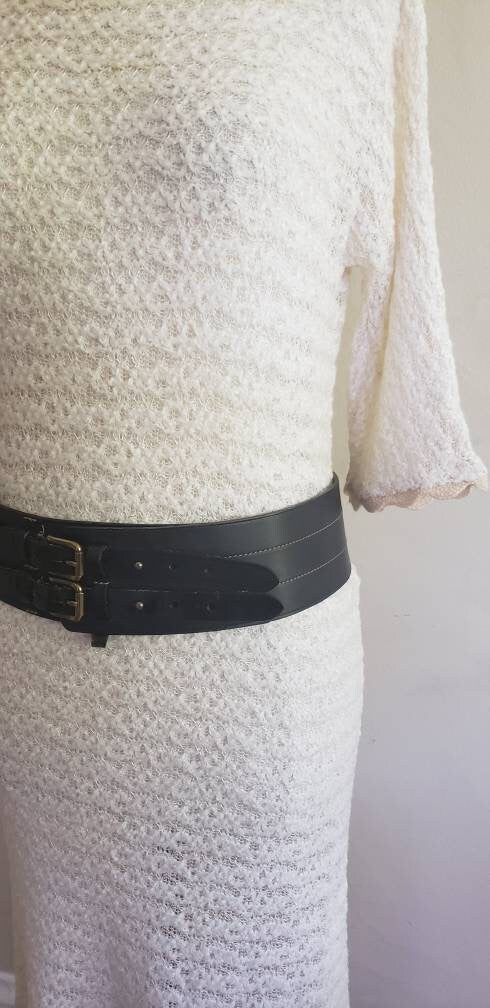 Vintage Ralph Lauren Black Leather Wide Belt Adjustable Military Style Double Straps DEADSTOCK original 295 Price Tag XL PLUS Size