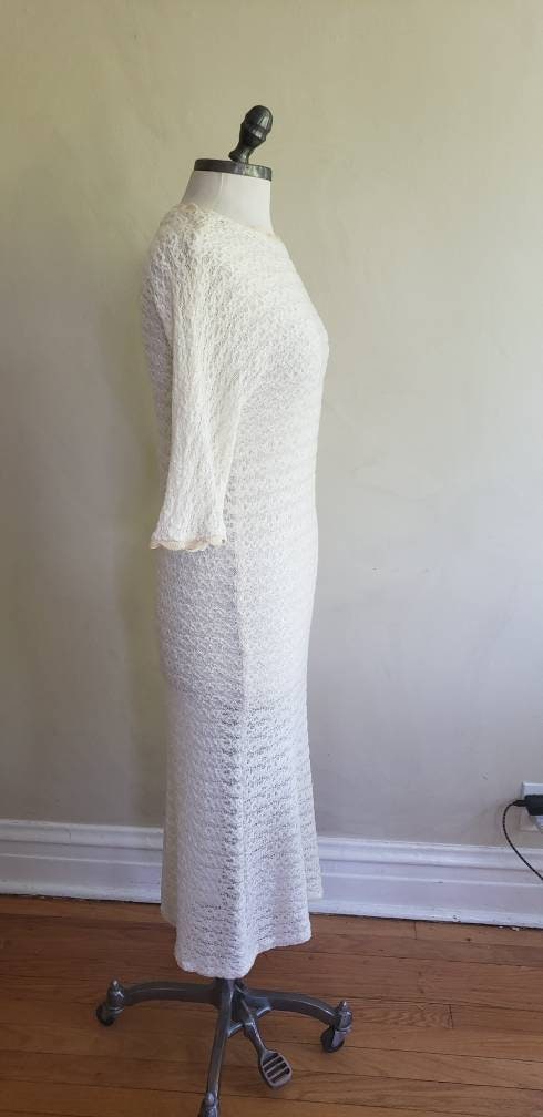 70s 60s Cream Knit Dress Short Sleeves Vera Maxwell Original / 1970s 1960s Shabby Chic Ivory Crochet Dress / M to L