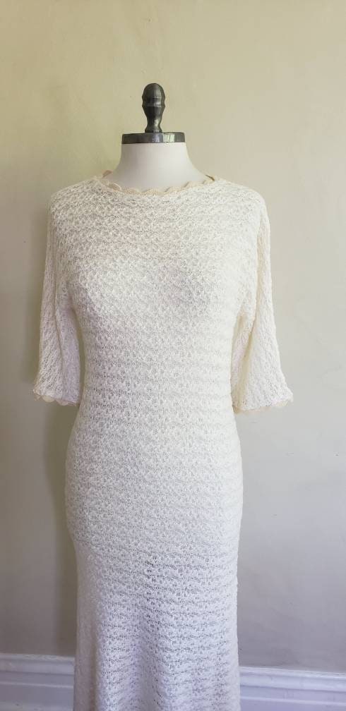 70s 60s Cream Knit Dress Short Sleeves Vera Maxwell Original / 1970s 1960s Shabby Chic Ivory Crochet Dress / M to L