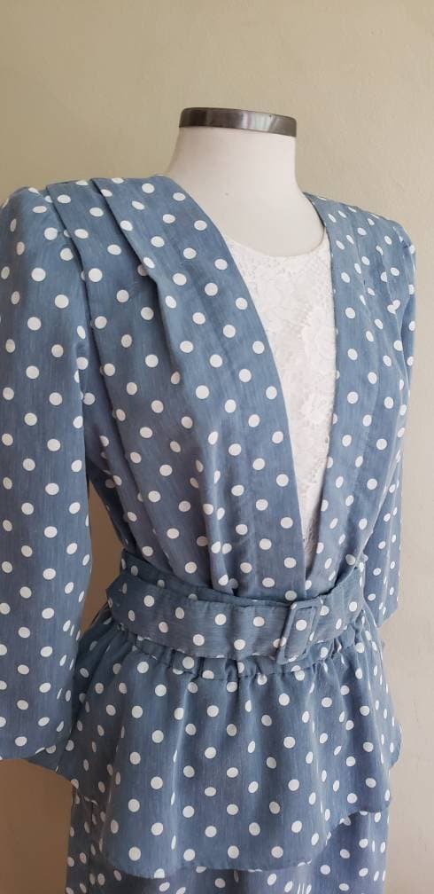 80s Does 40s Blue Polkadot Dress with Peplum + Belt / 80s Summer Dress Baby Blue White Cotton Print Just Ducky / L