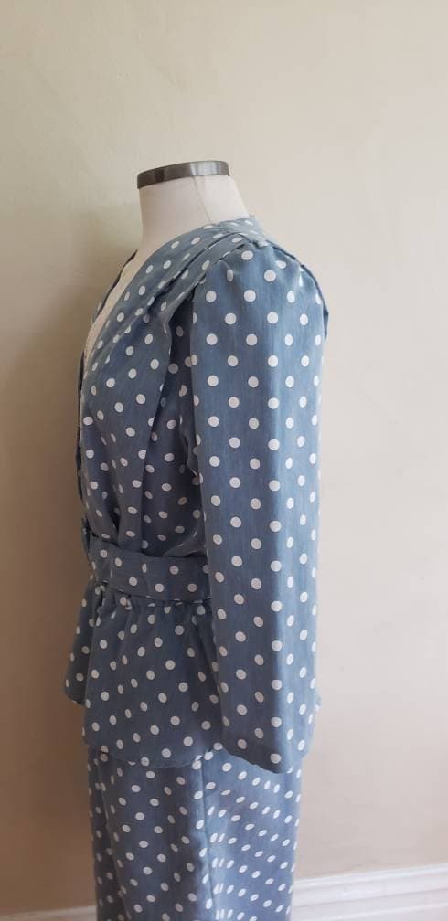 80s Does 40s Blue Polkadot Dress with Peplum + Belt / 80s Summer Dress Baby Blue White Cotton Print Just Ducky / L