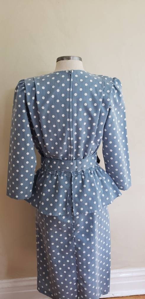 80s Does 40s Blue Polkadot Dress with Peplum + Belt / 80s Summer Dress Baby Blue White Cotton Print Just Ducky / L