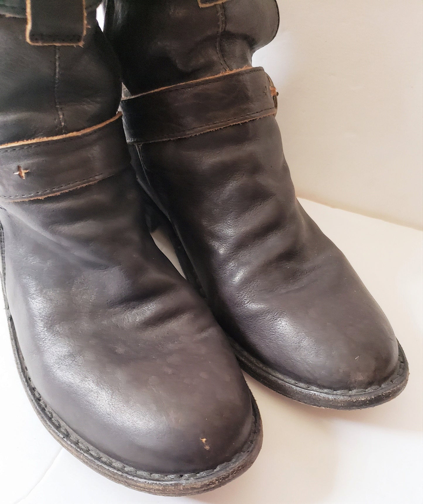 Vintage Brown Leather Knee High Boots Buckles Fiorentini + Baker Italian Designer Ladies Motorcycle Biker EU 37 7.5